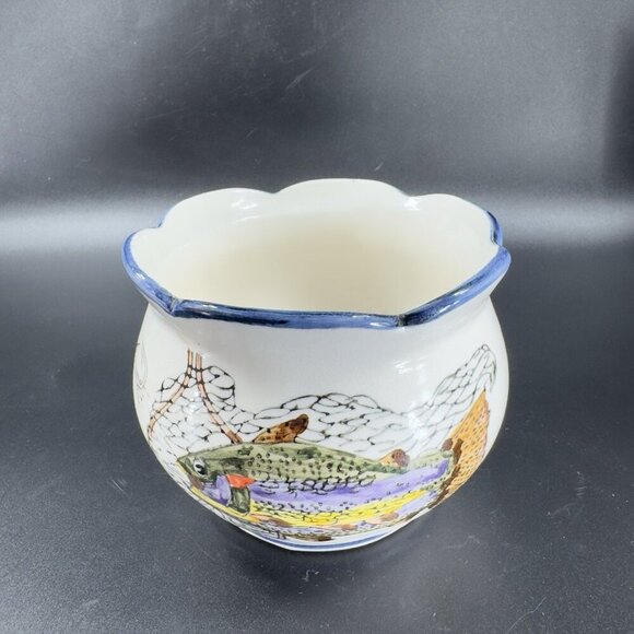 Vintage Ceramic Dish Bowl Flower Pot Container With Fish Trout Design Wavy Edges - Picture 9 of 13